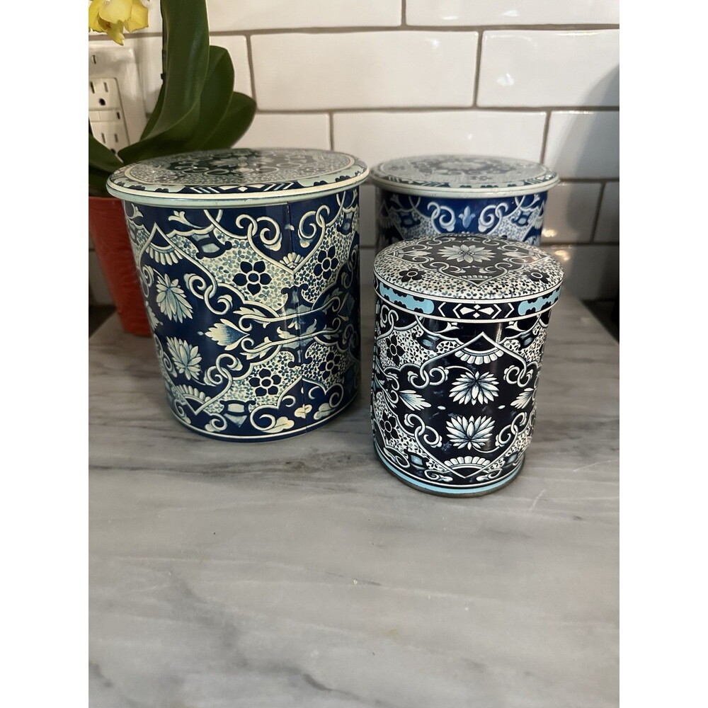 Vintage Delft Holland Blue Metal Set Of 3 Nesting Canisters Ornate Floral MCM